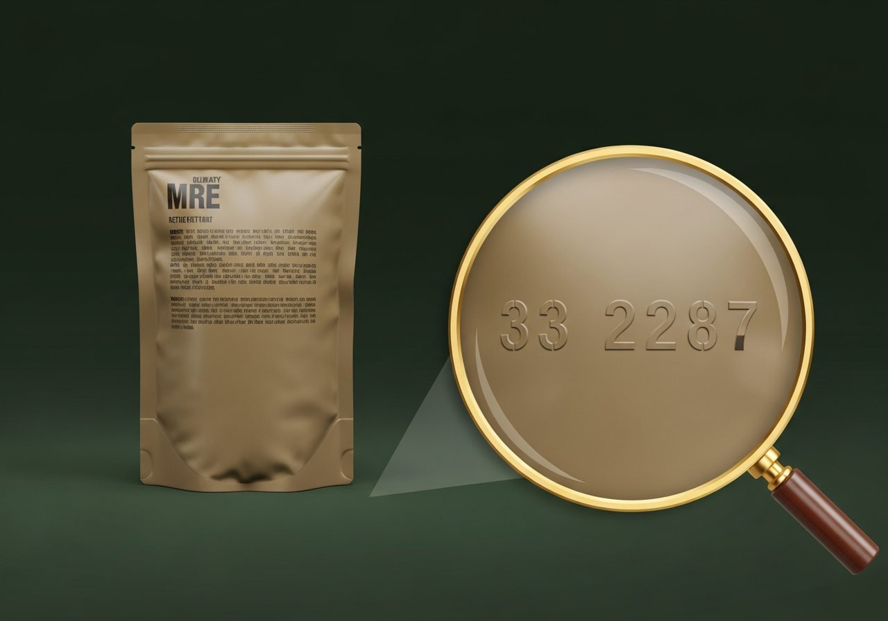 MRE individual meal pouch with Julian date code 2287 magnified