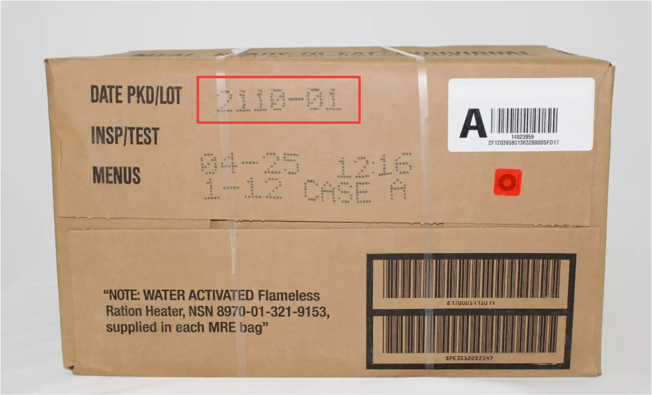 MRE box showing DATE PKD/LOT manufacturing date highlighted