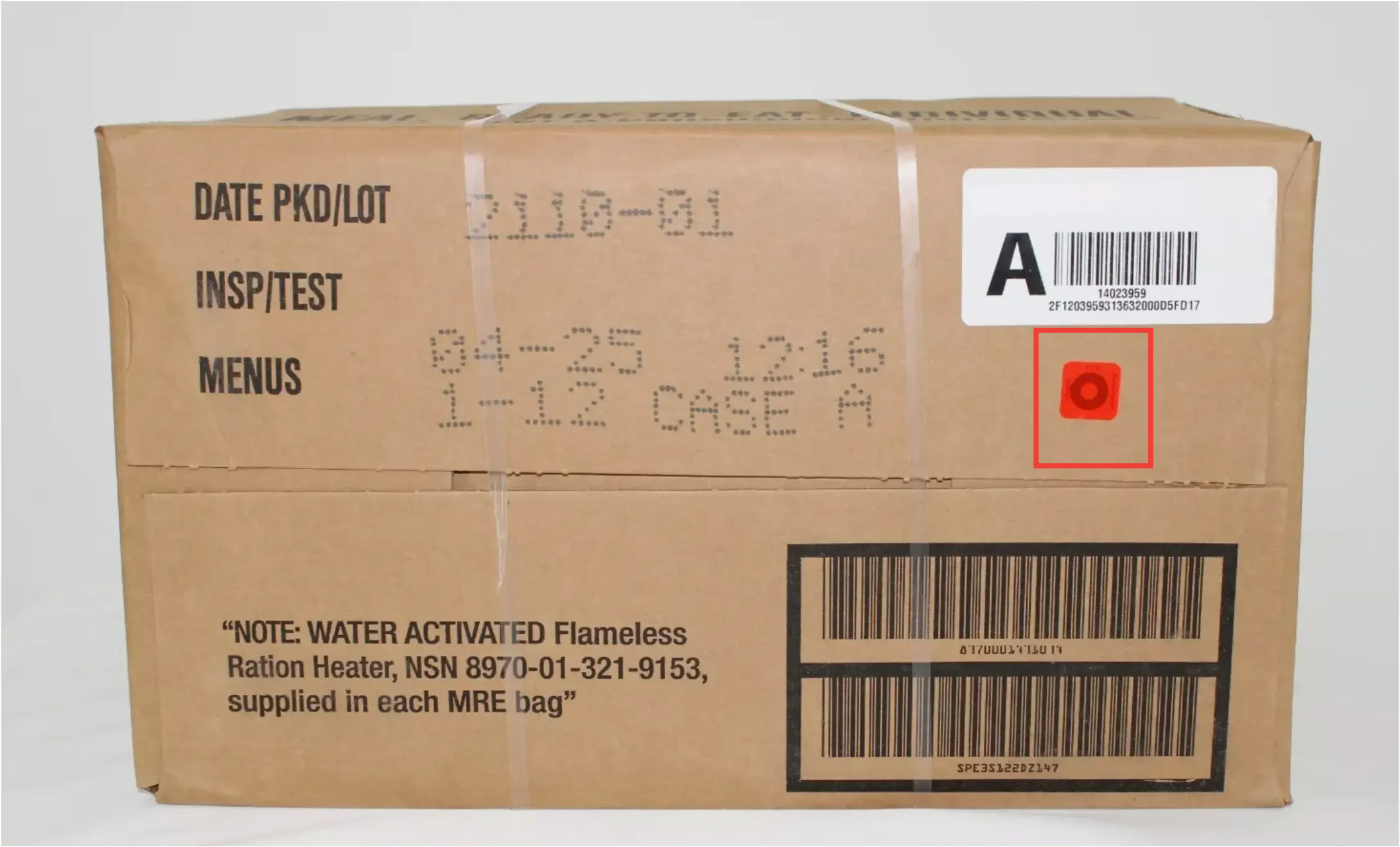 MRE box with orange TTI sticker highlighted