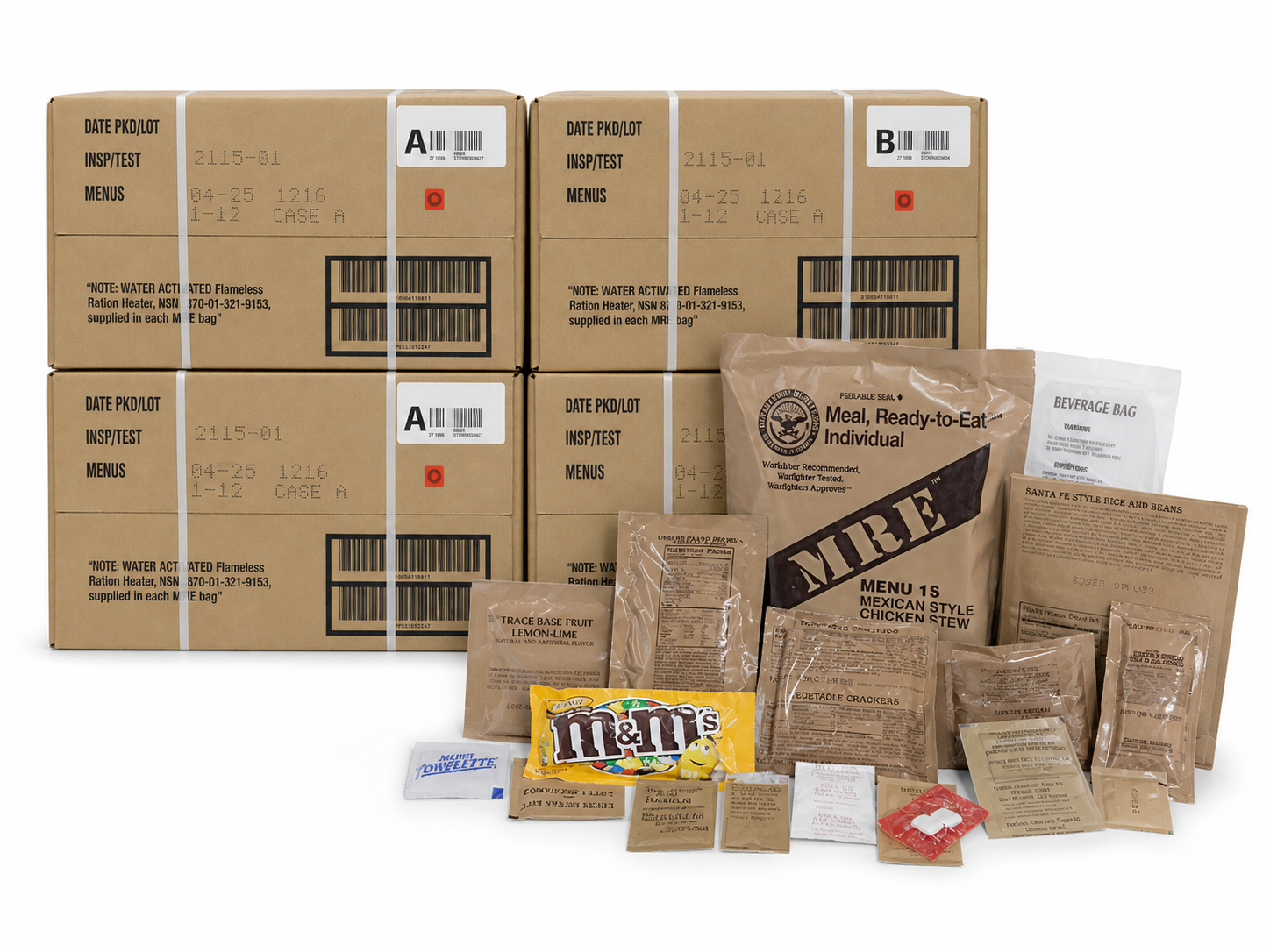 Four genuine military MRE cases with an opened meal and its contents arranged in front