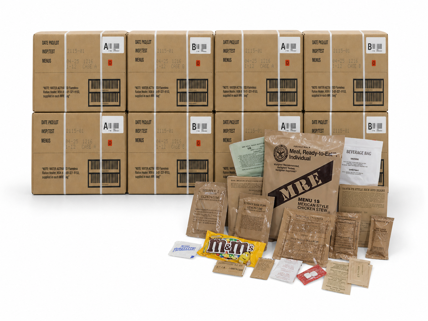 Eight genuine military MRE cases with an opened meal and its contents arranged in front