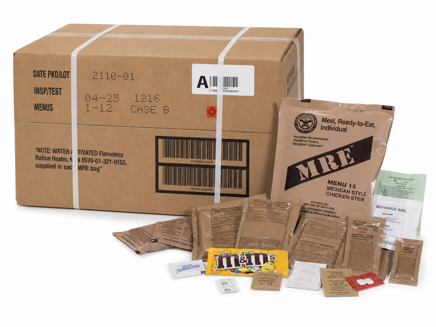 One genuine military MRE case with an opened meal and its contents arranged in front